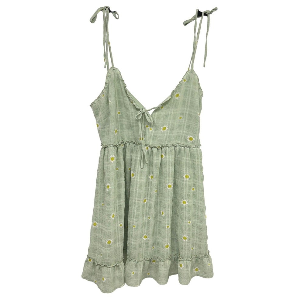 Cottagecore Daisy Babydoll Mini Dress Size M Green Gingham Floral Coquette Fairy